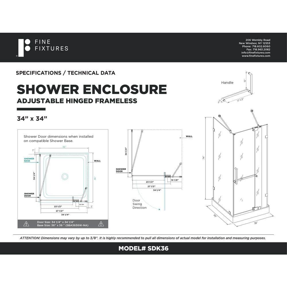 Fine Fixtures Frameless Shower Enclosure Hinged Tempered Glass - 34" W x 34" D x 74" H SDK36BL