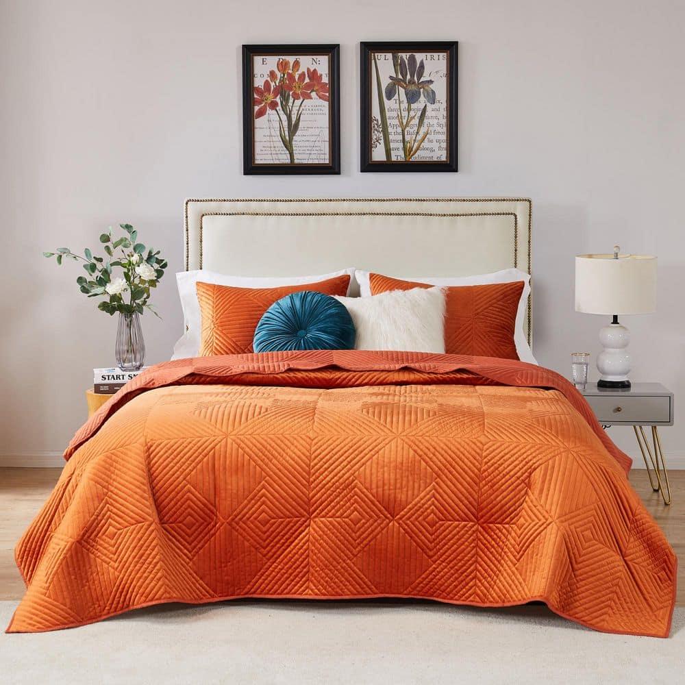 Greenland Home Fashions 3pc King Riviera Velvet Quilt & Sham Set Spice Orange: Microfiber, Zipper Closure, Year-Round