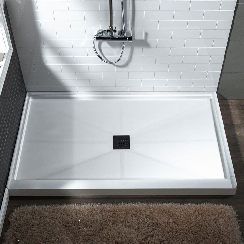 48" W x 36" Solid Surface Single Threshold Shower Pan Base with Drain Assembly & Drain Cover Included, Non-Slip