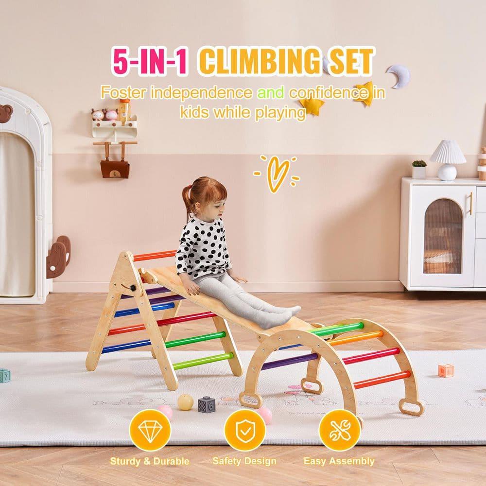 Pikler Triangle Set, 5 in 1 Toddler Climbing Toys Indoor Playground, Ramp, and Arch, Montessori Climbing Set with Triangle, Medium Size Wooden Climbing Gym for Toddlers 1-3 Years, Colorful