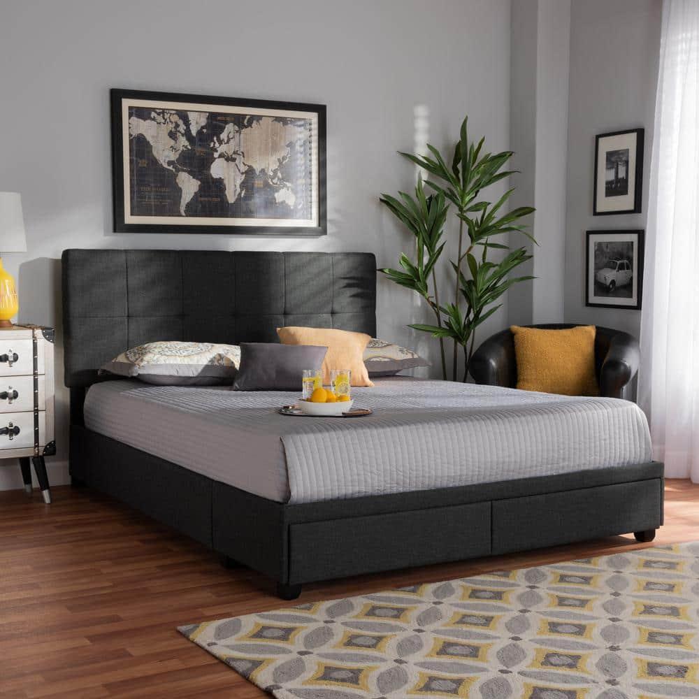 King Netti Fabric Upholstered 2 Drawer Platform Storage Bed - Baxton Studio: Linen-Like Texture, Modern Design