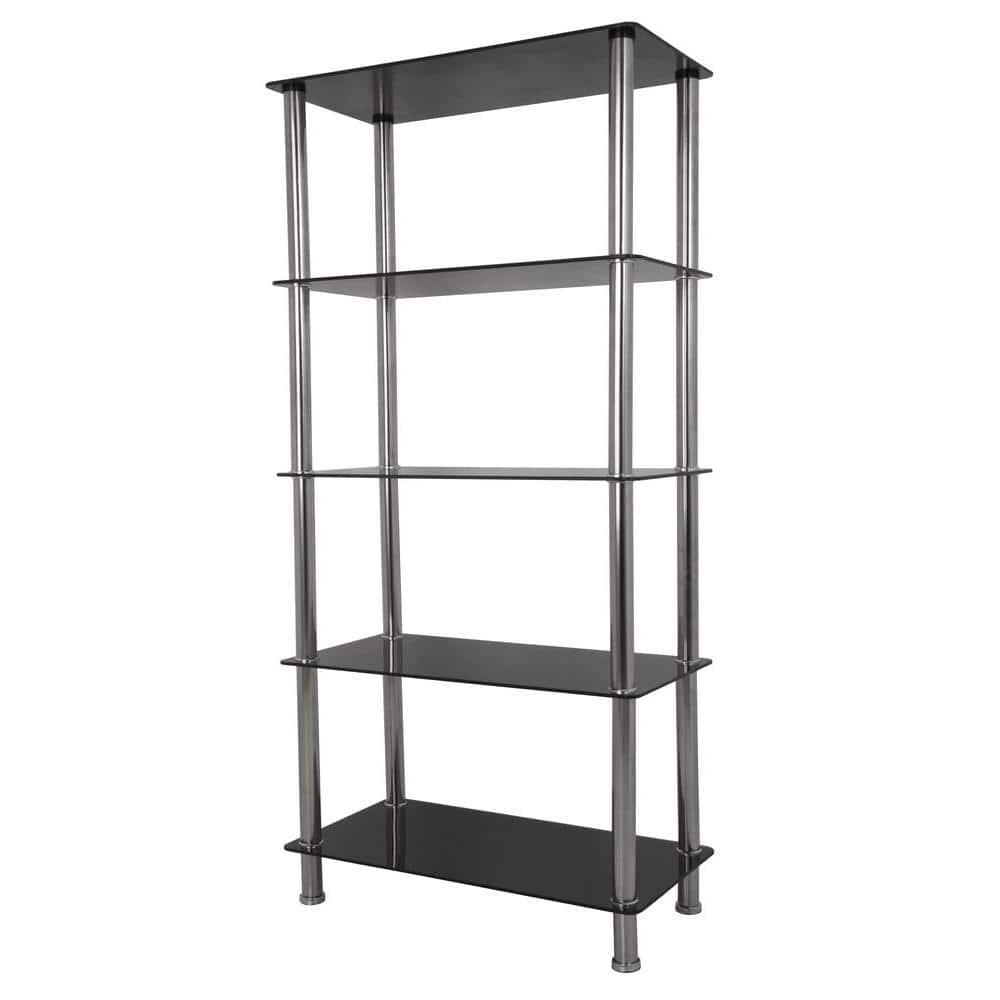 S25-A Tall Five Tier Shelving Unit with Black Glass and Chrome