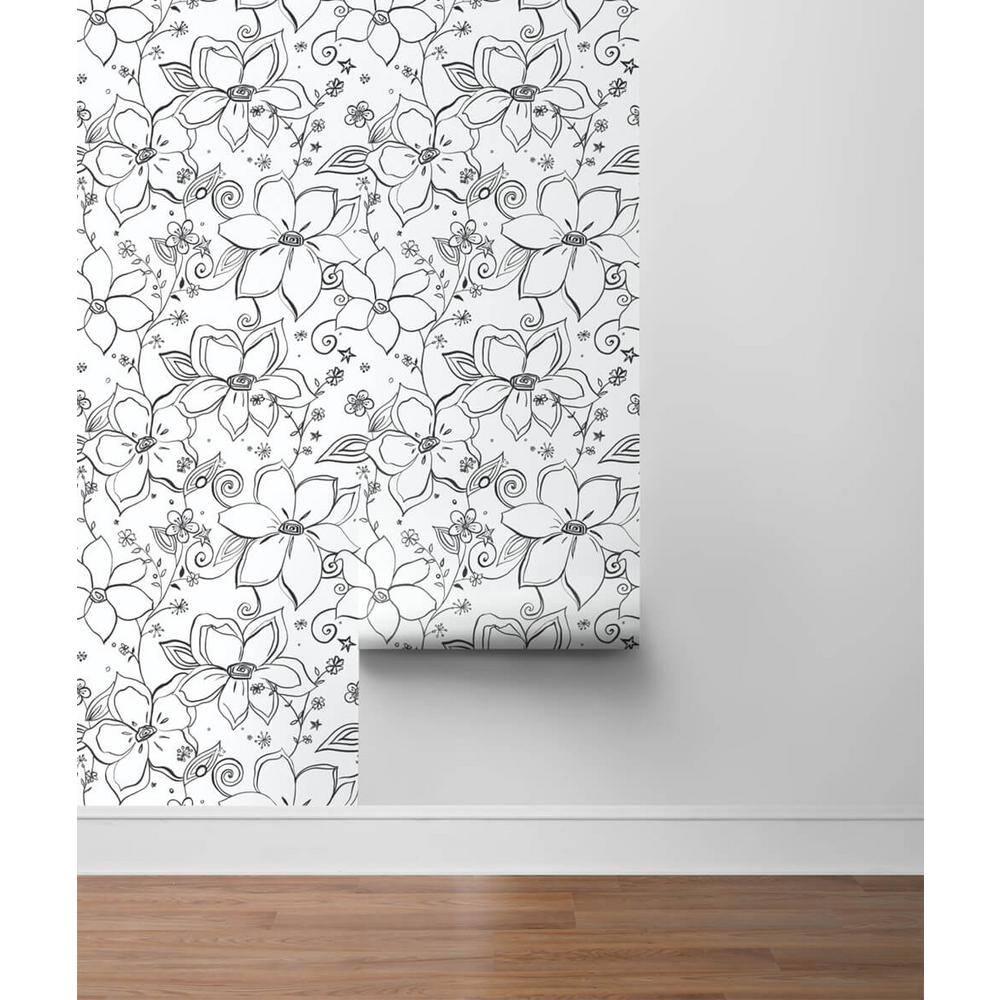 NextWall Black & White Linework Floral Peel and Stick Wallpaper