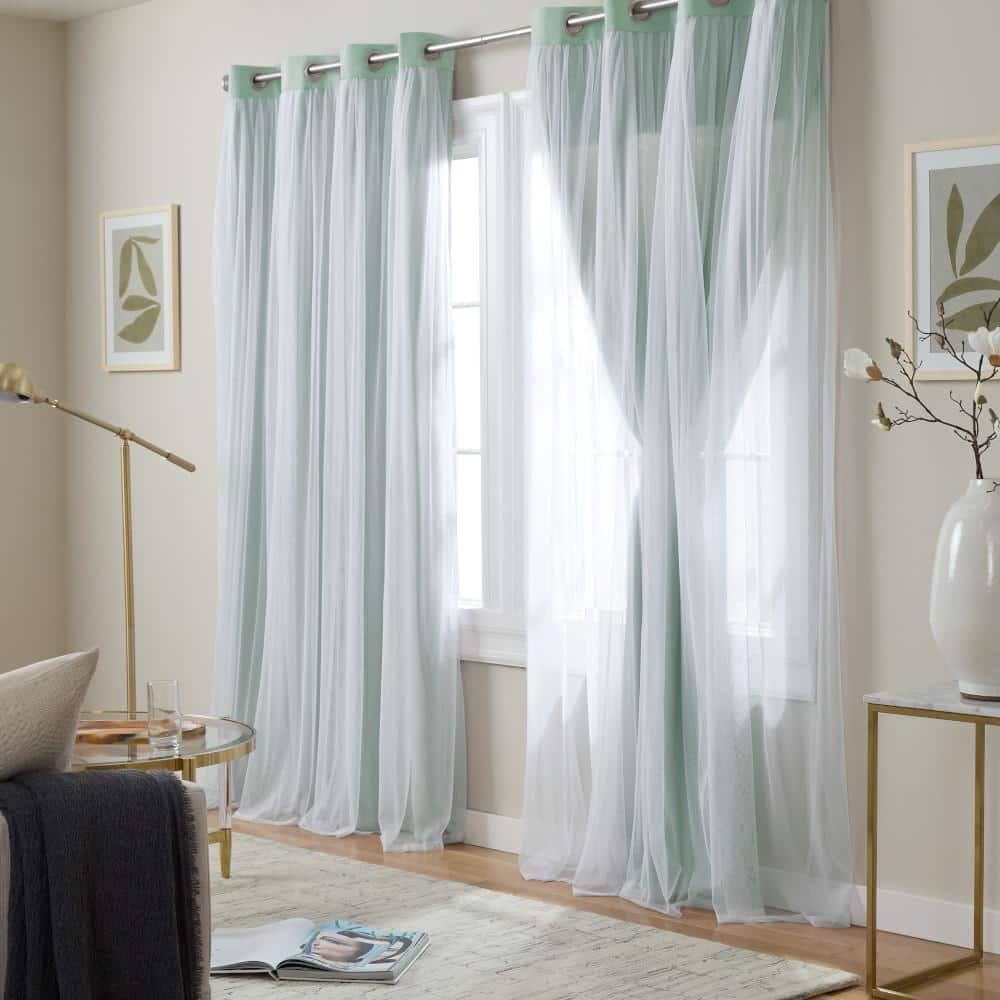 Set of 2 (84"x52") Caterina Layered Solid Blackout with Sheer Top Curtain Panels Aqua - Exclusive Home: Room Darkening, Thermal Insulated