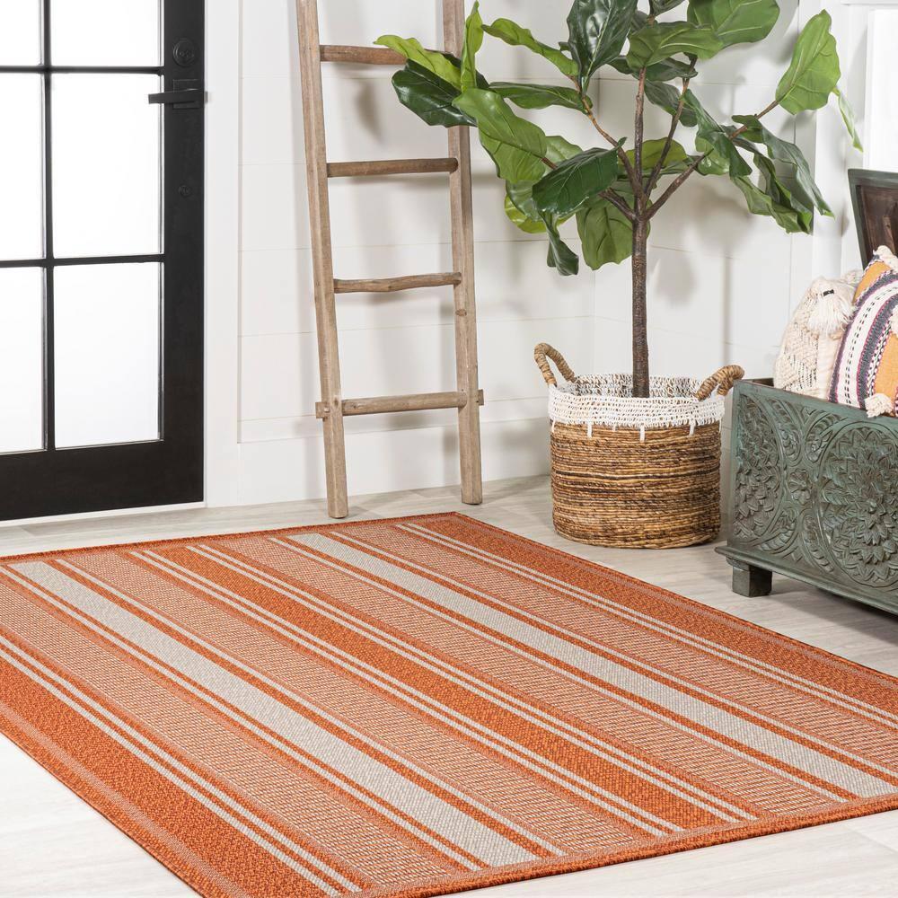 3' x 5' Haynes Modern Double Stripe Indoor/Outdoor Area Rug, Orange/Cream - JONATHAN Y