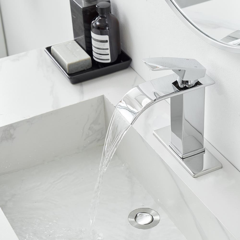 Midanya Waterfall Spout Bathroom Faucet Single Handle 1 Hole Bathroom Sink Faucet,Modern RV Lavatory Vanity Basin Tap with Water Hose,Short Body,Polish Chrome