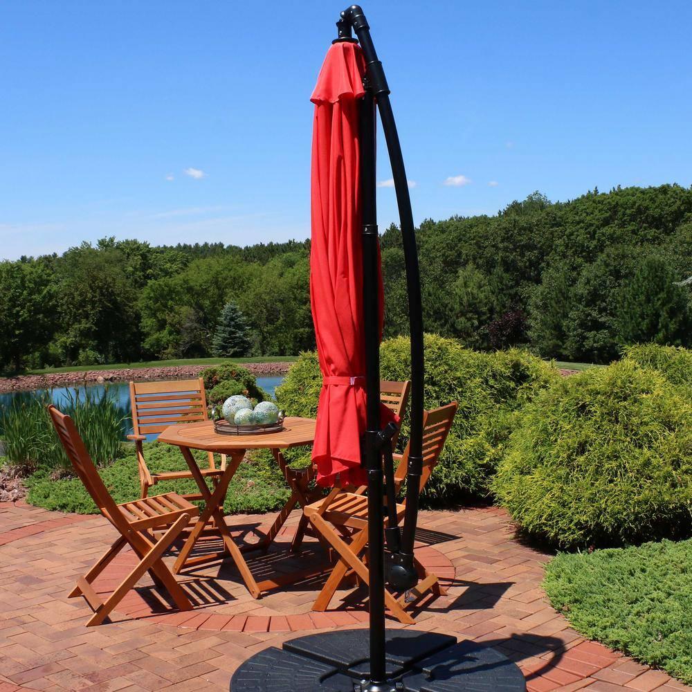 Sunnydaze Outdoor Steel Cantilever Offset Patio Umbrella with Air Vent, Crank, and Base - 9' - Cherry