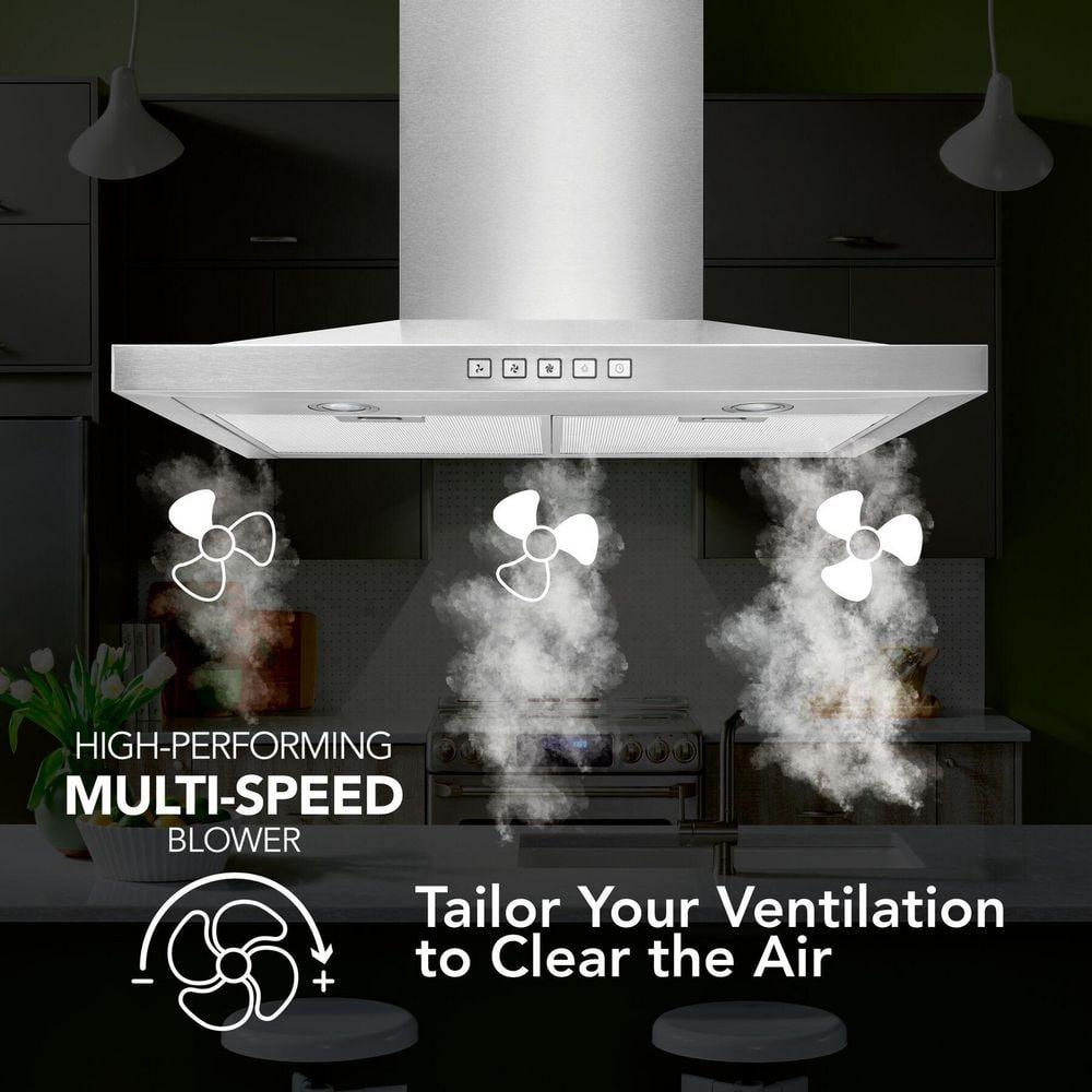 30 in. Convertible Wall Mount Low Profile Pyramidal Chimney Range Hood, 450 Max CFM, Stainless Steel