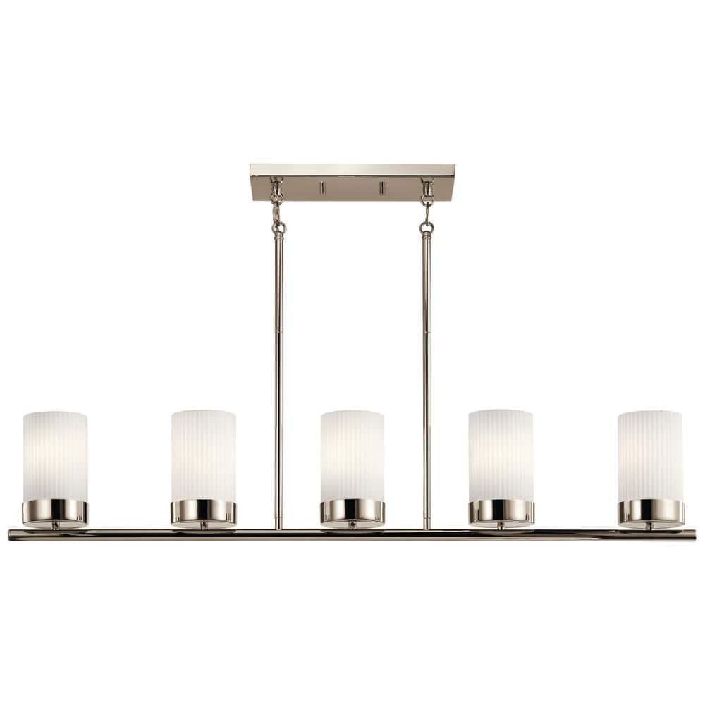 Polished Nickel and Brass 5-Light Linear Chandelier with Ribbed Glass Shades