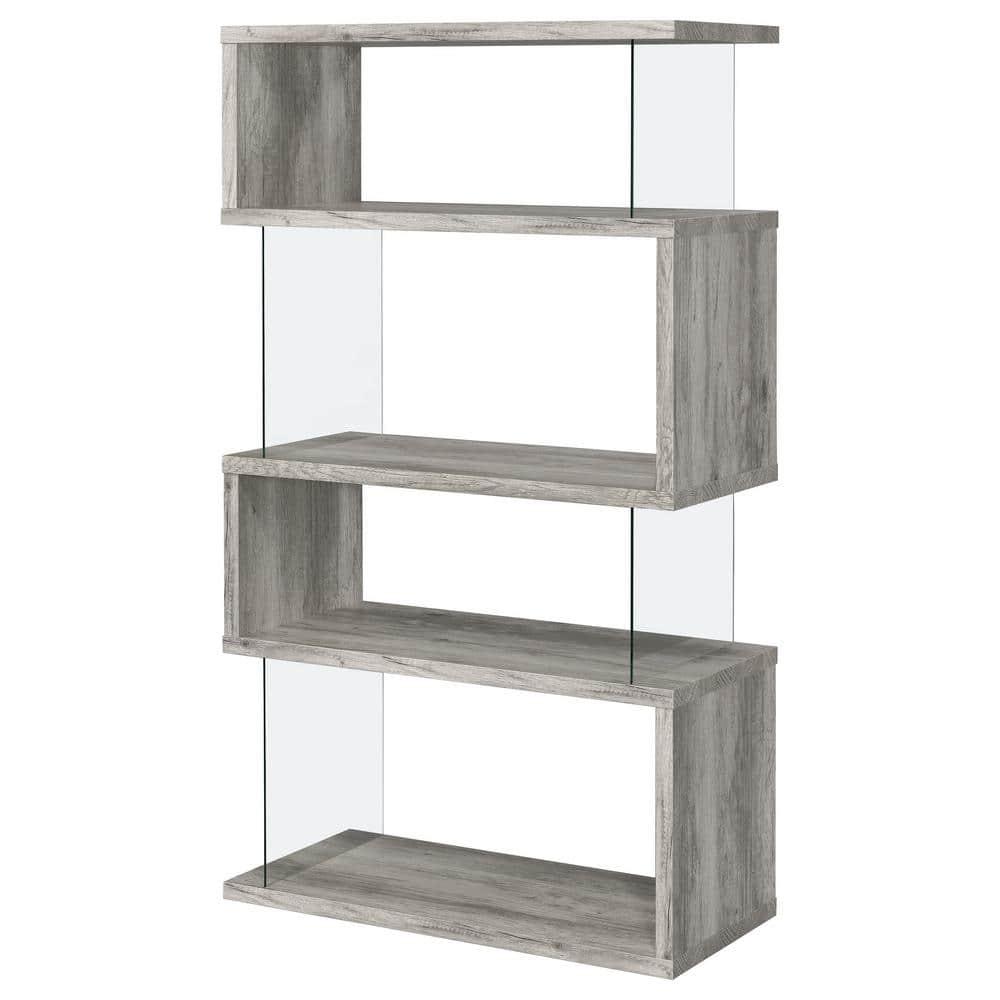 Coaster 63" Emelle 4 Shelf Zig Zag Bookcase with Glass Panels Gray Driftwood: Modern Style, Laminated Melamine Veneer, Metal Hardware