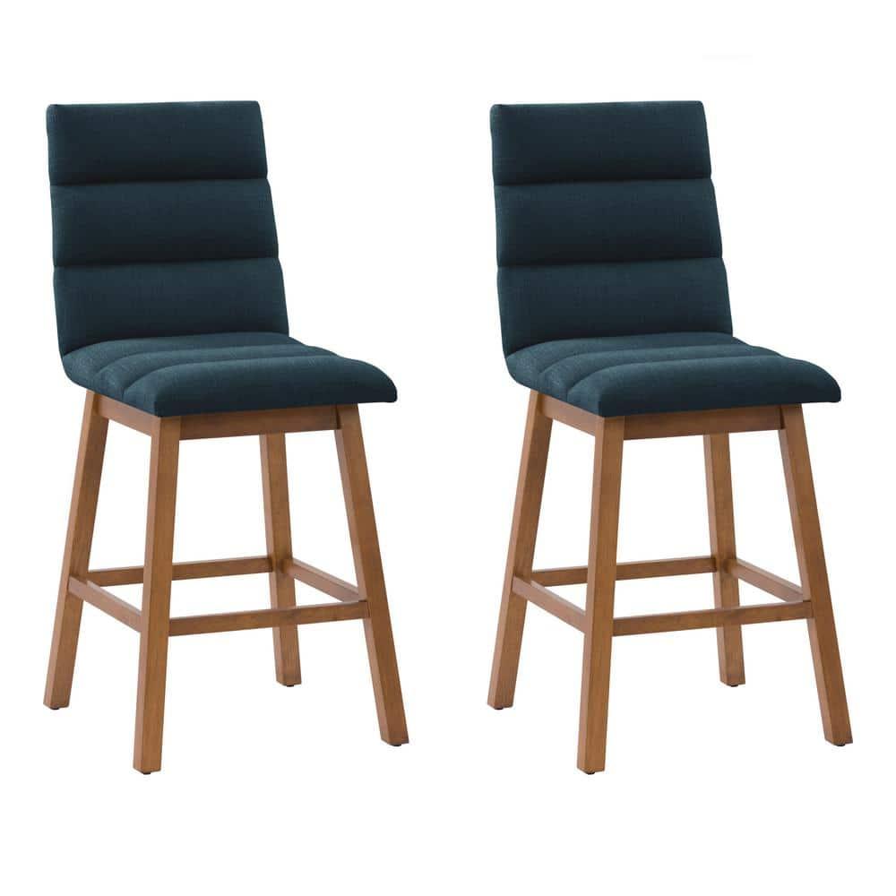 Set of 2 Boston Channel Tufted Fabric Barstools Navy Blue - CorLiving: Upholstered, High Back, Rubberwood Legs