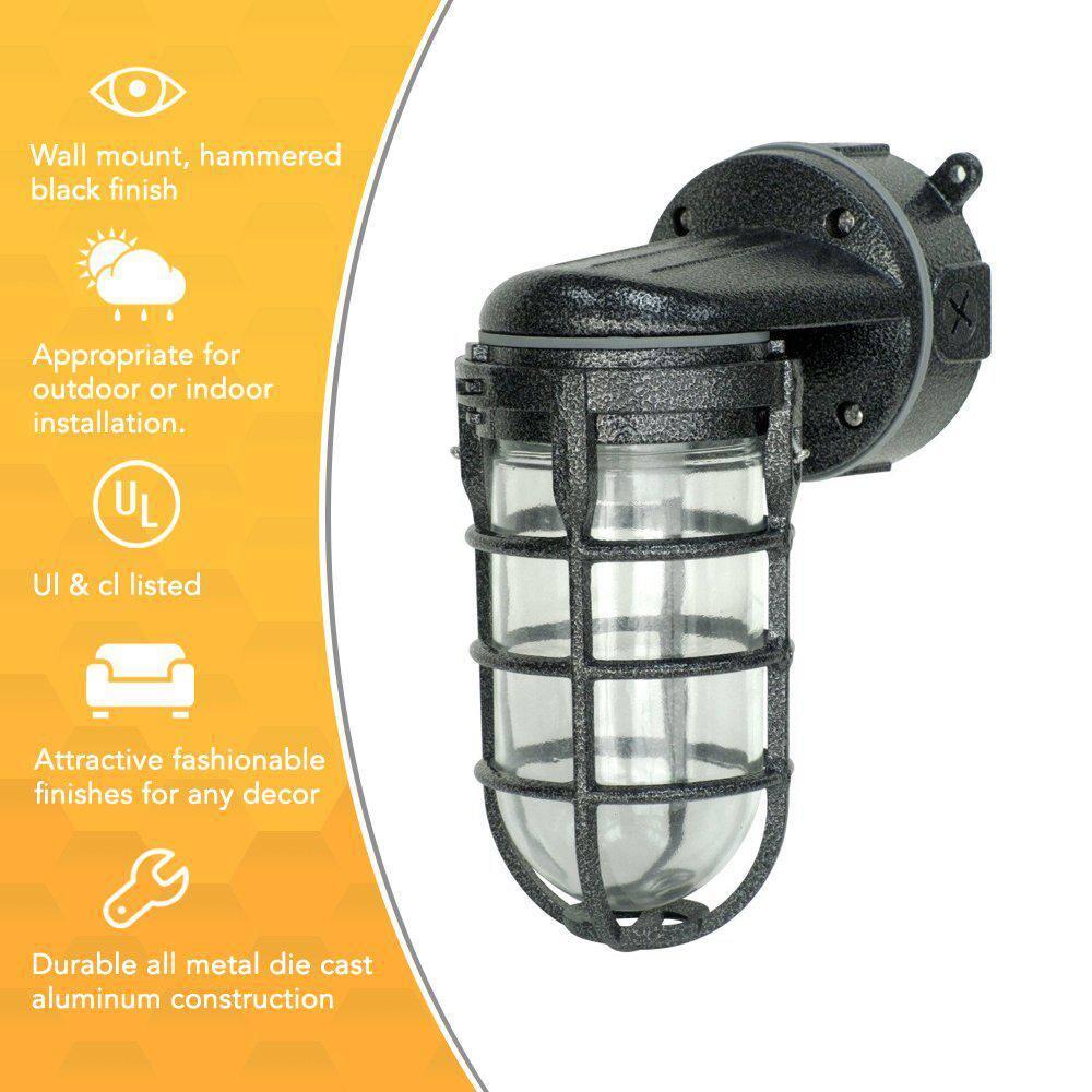 Woods L1707SVBLK Wall Mount Light in Hammered Black Finish Sturdy Die Cast Aluminum Cage, Suitable for Indoor and Outdoor Use