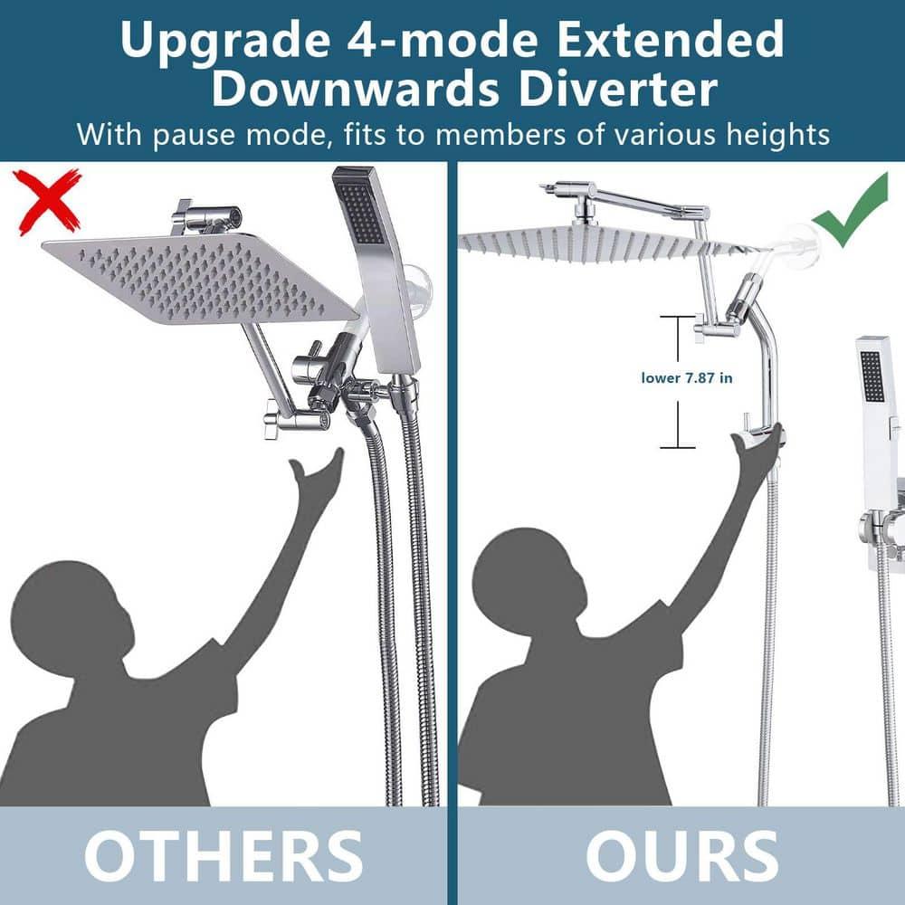 PDPBath All Metal 12'' Rainfall Shower Head with Handheld Combo, Upgrade 3-Way Diverter with Pause Setting, High Pressure Rain Shower Head with Z-shaped Extension Arm, 59" Hose, Brushed Nickel