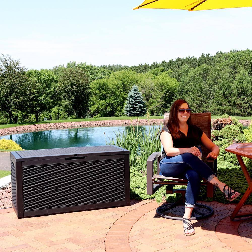 Sunnydaze Outdoor Deck and Patio Storage Box with Rattan Design - 100 Gal. - Phantom Gray