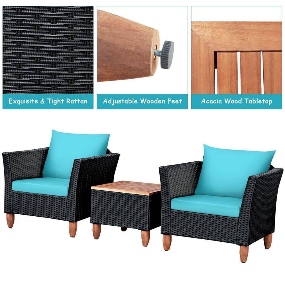 Tangkula 3PCS Patio Rattan Conversation Set Outdoor Furniture Set w/ Turquoise Cushions