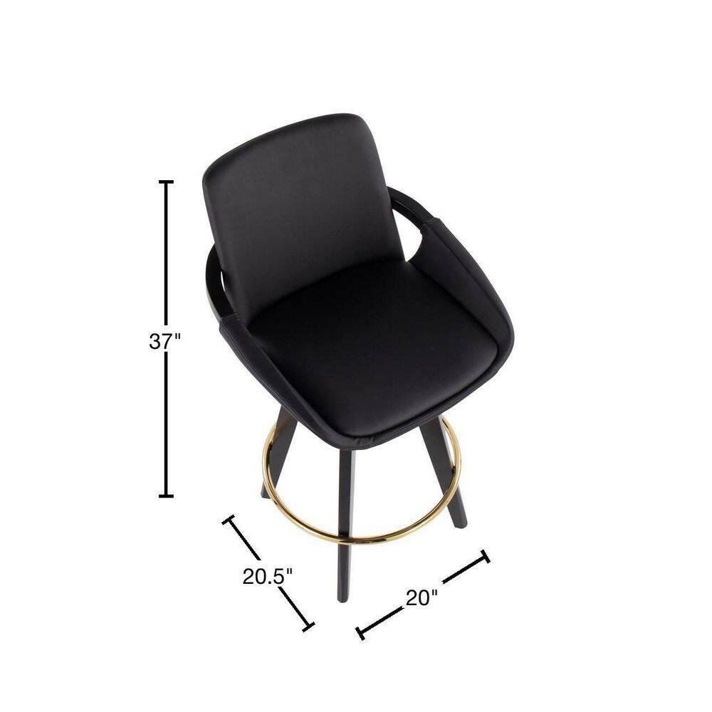 Set of 2 Cosmo PU Leather/Metal/Wood Counter Height Barstools Black/Gold - LumiSource: Swivel Seat, Fixed Height