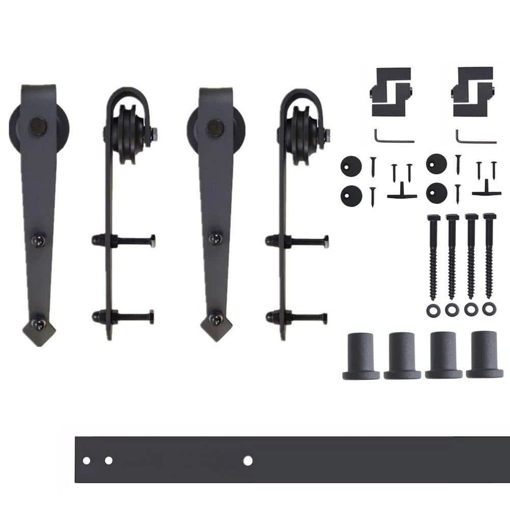Homacer Black Rustic Sliding Barn Door Hardware Kit, for Two/Double Doors, 5.5ft Long Flat Track, Arrow Design Roller, Heavy Duty, for Interior & Exterior Use