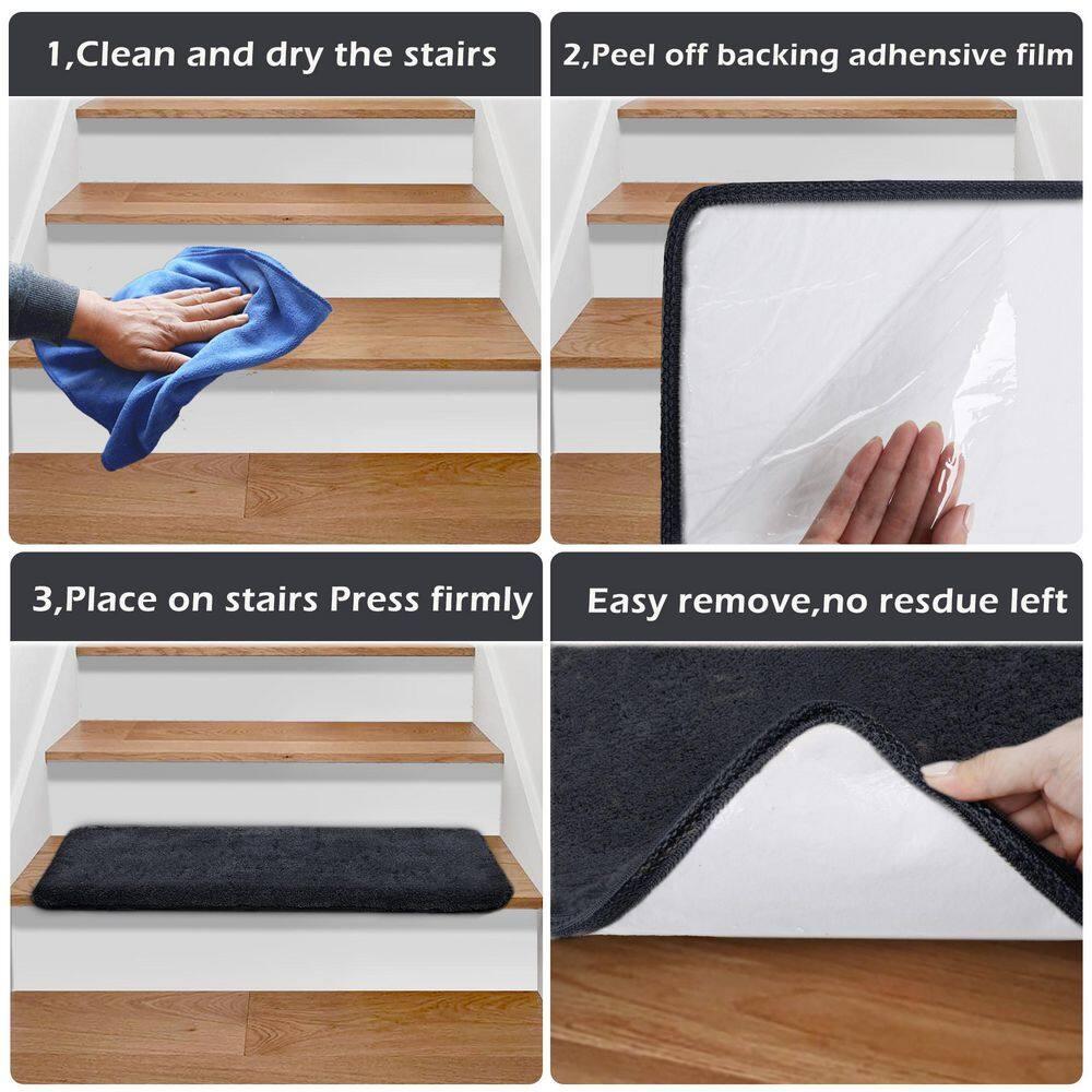 PURE ERA Non-Slip Ultra Plush Soft Bullnose Carpet Stair Treads Set of 14 Tape Free Washable Self Adhesive Dark Grey 9.5" x 30"x1.2"