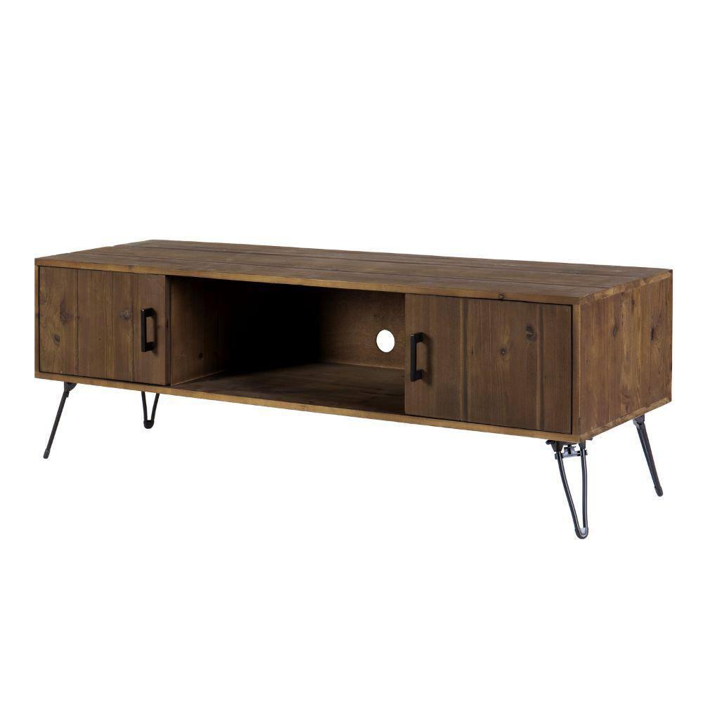 60 Inch Reclaimed Wood Rectangle Farmhouse Tv Stand Media Console, 2 Doors, Iron Legs, Natural Brown