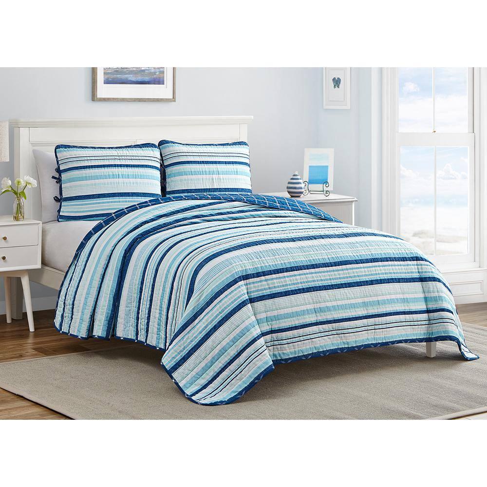 Design Studio DESIGN STUDIO Newport Stripe Navy/Blue 3-Piece Reversible Cotton Quilt Set