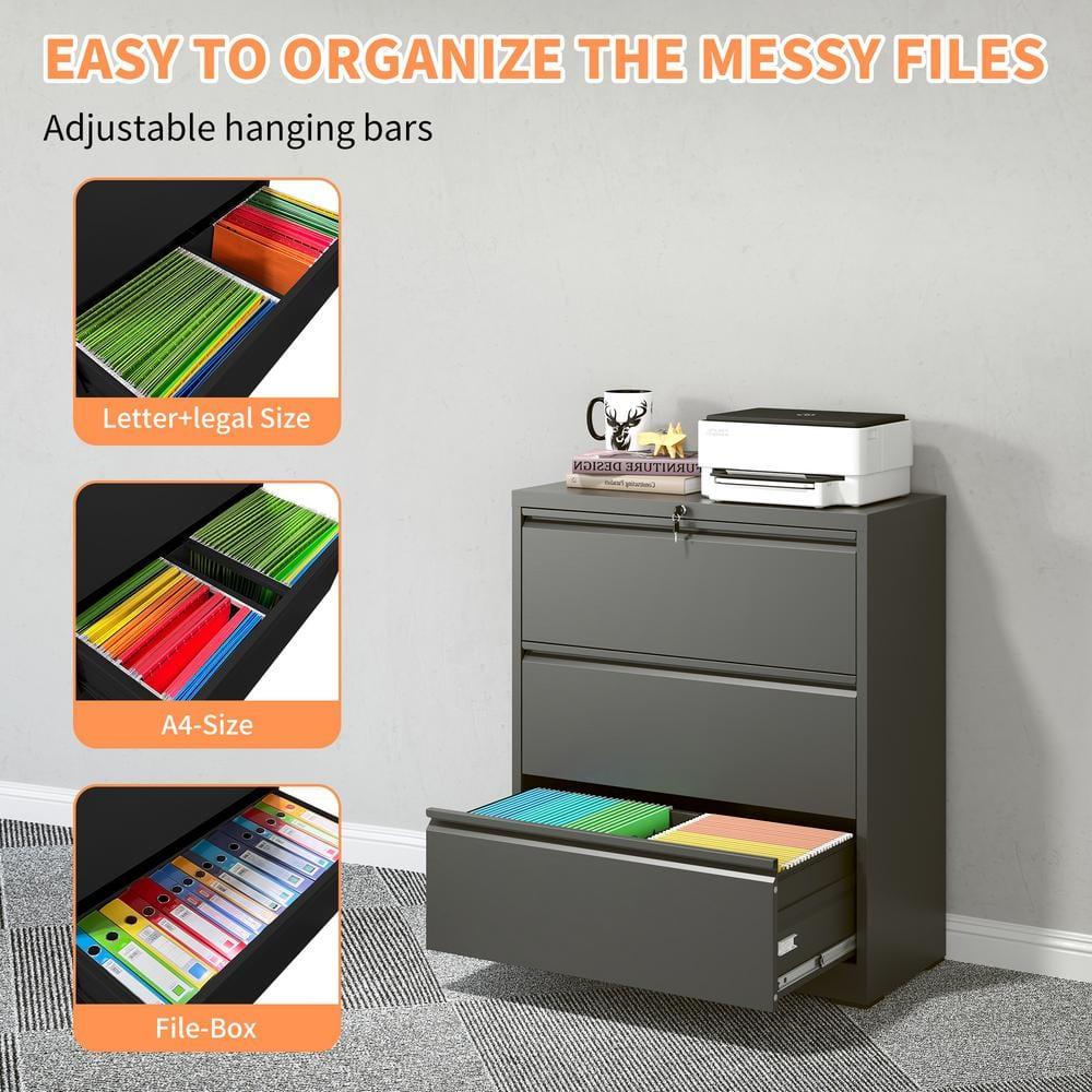 Black Metal 3-Drawer Lockable Lateral File Cabinet
