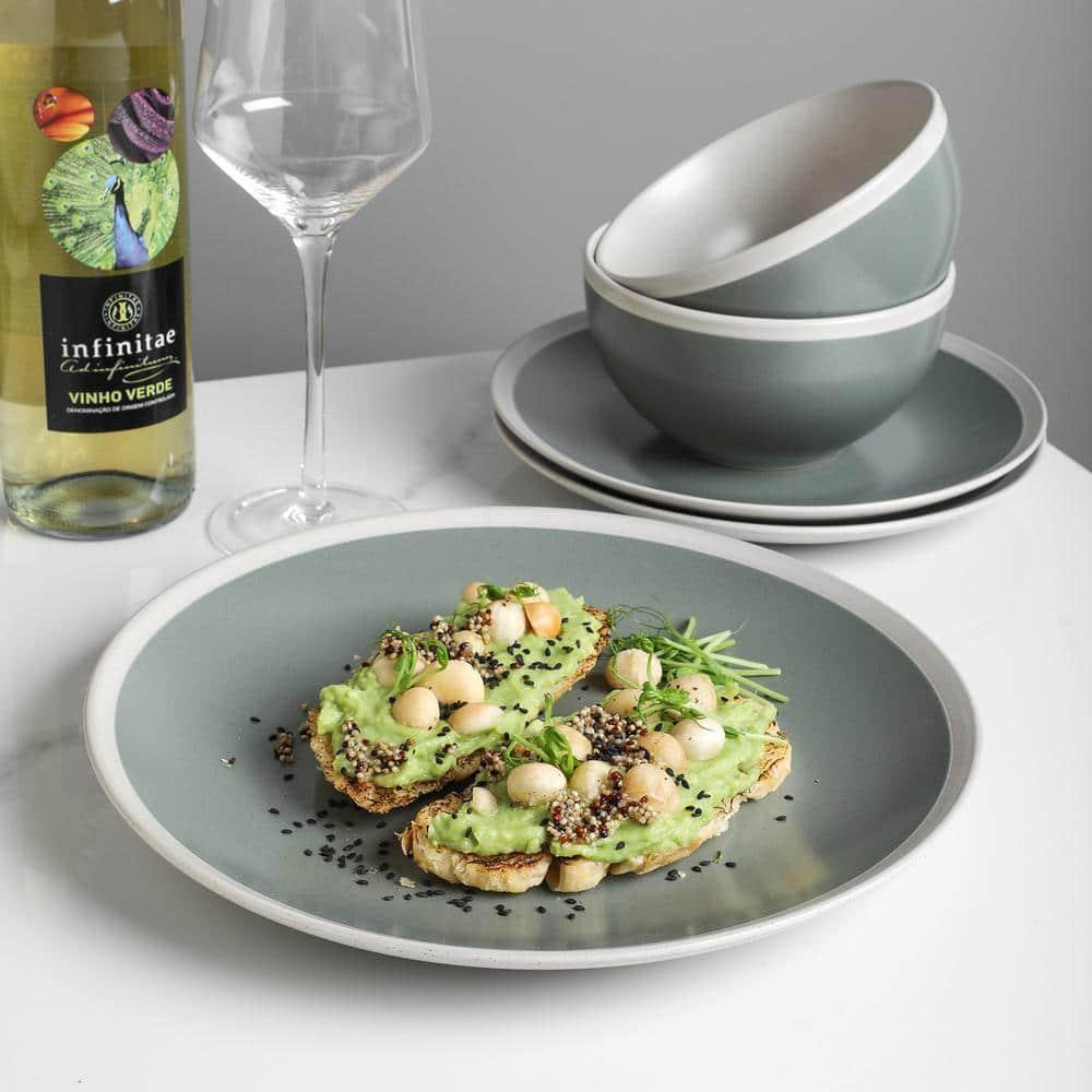 Stone Lain Serenity 16-Piece Stoneware Dinnerware Set, Service for 4, Green and Cream