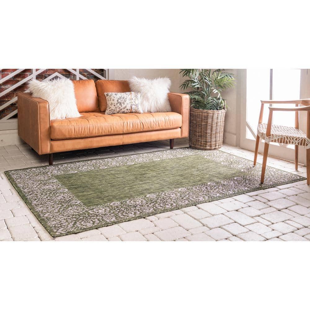 Unique Loom Outdoor Border Collection Area Rug - Floral Border (9' x 12' Rectangle Green/Ivory)
