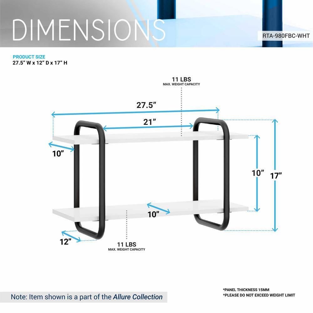 Modern Floating Wall Shelves White - Techni Mobili: 2-Tier, Steel Frame, Decorative Storage