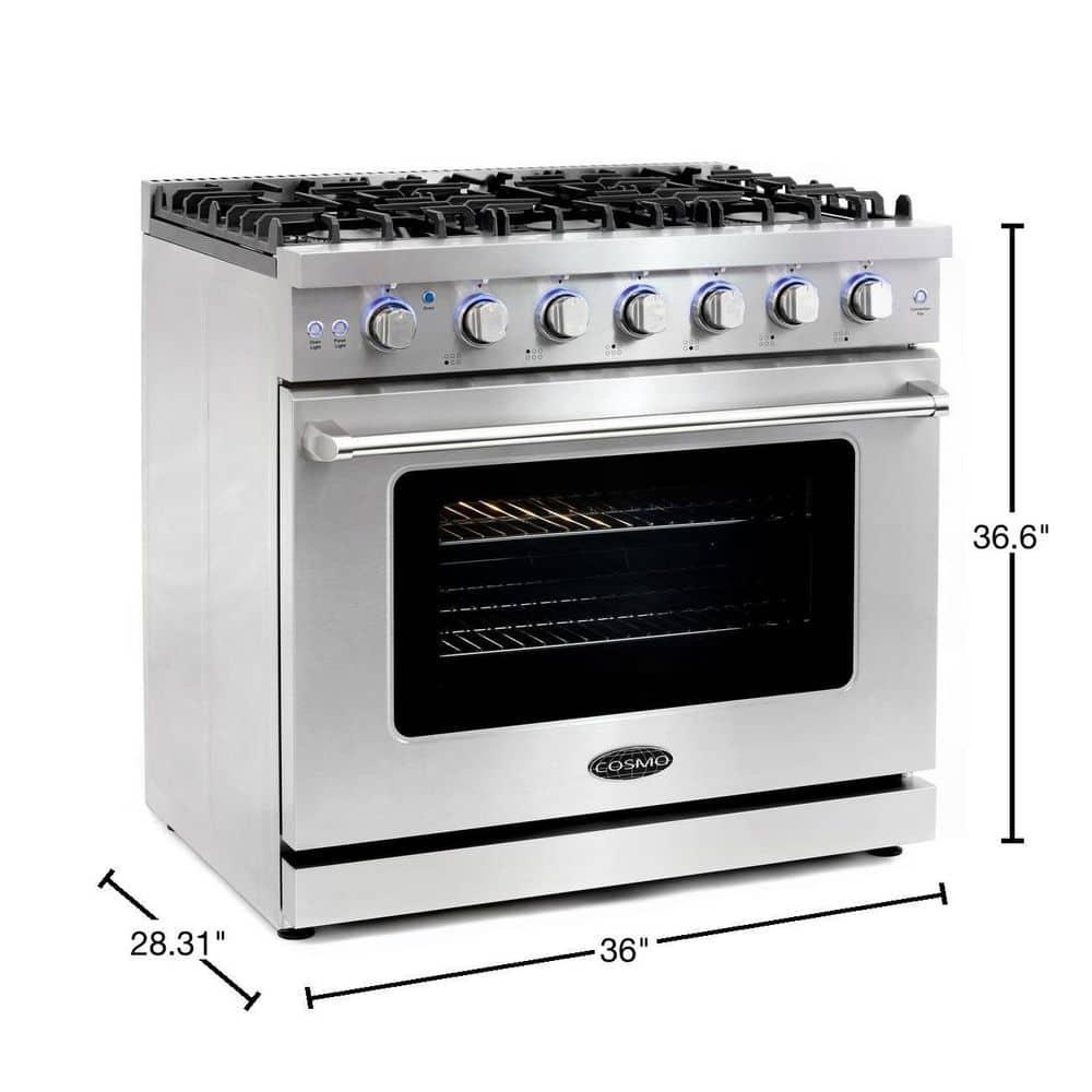 Cosmo 36 in. Haven Collection 6.0 cu. ft. Gas Range, 6 Burners, Convection Oven, Knob LEDs, Storage Drawer, Stainless Steel