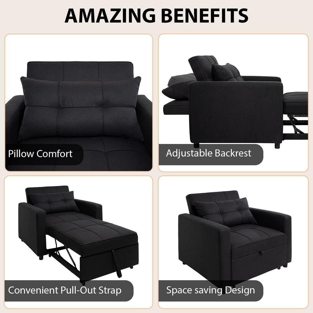Anna 3 in 1 Convertible Chair Bed Sleeper, Pull Out Sofa Bed, Pull Out Couch, Sleeper Chair with with Pillow, Pull Out Bed with Adjustable Backrest Living Room - Black