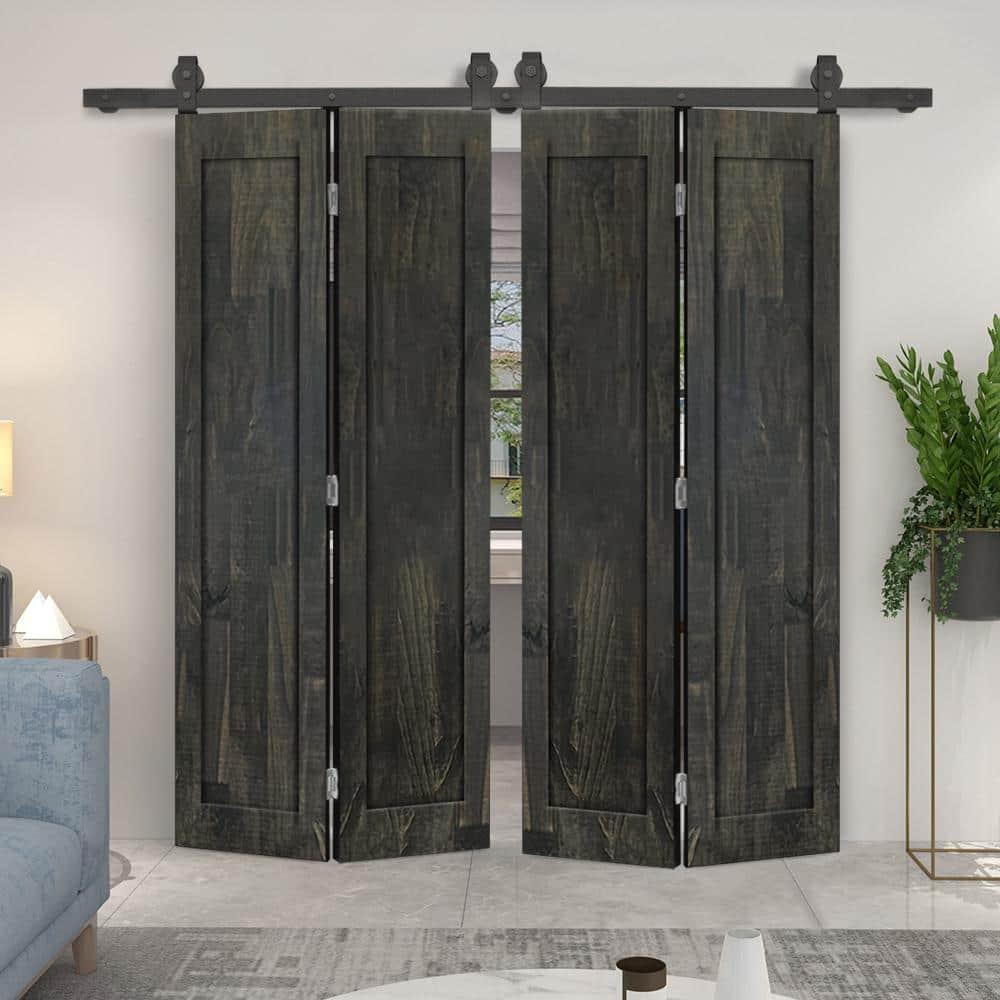 Calhome 1 Panel Shaker Pine Wood Double Bi-Fold Door with Sliding Barn Door Hardware Kit