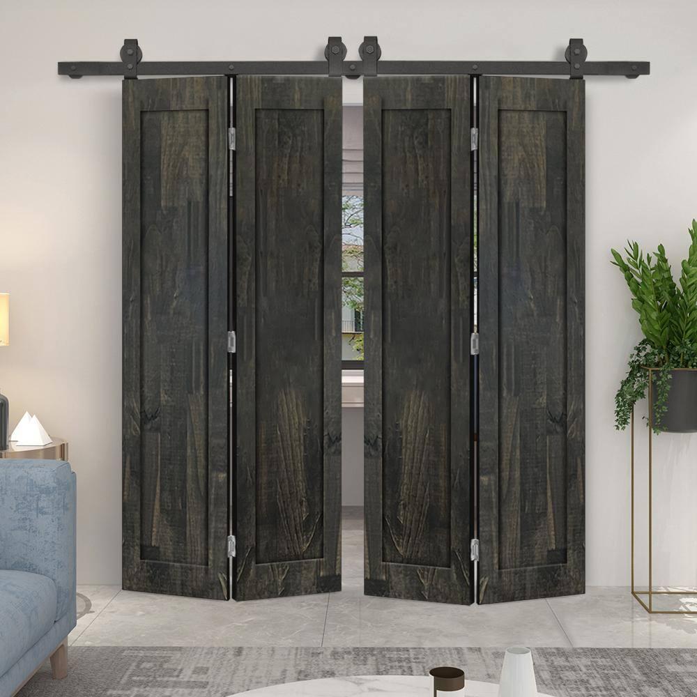 Calhome 1 Panel Shaker Pine Wood Double Bi-Fold Door with Sliding Barn Door Hardware Kit
