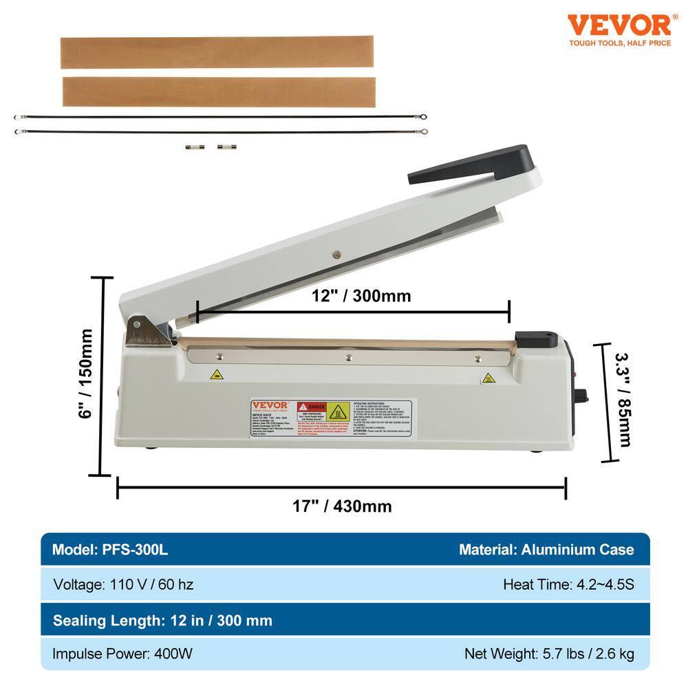 VEVOR VEVOR 12" Aluminum Hand Impulse Heat Sealer Machine Poly Plastic Bags Sealing