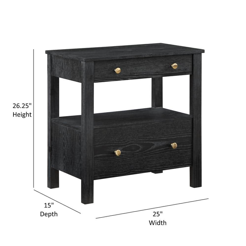 Comfort Pointe Delano Nightstand Black: 2 Drawers, Oak Veneer, Metal Glides, No Assembly Required