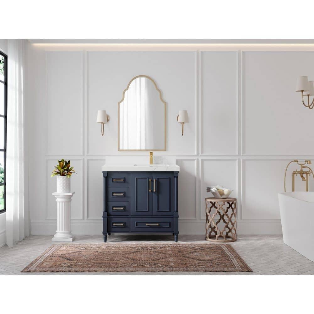 Hudson 36 in. W x 22 in. D x 36 in. H Right Offset Sink Bath Vanity in Navy Blue with 2 in. Empira Quartz Top
