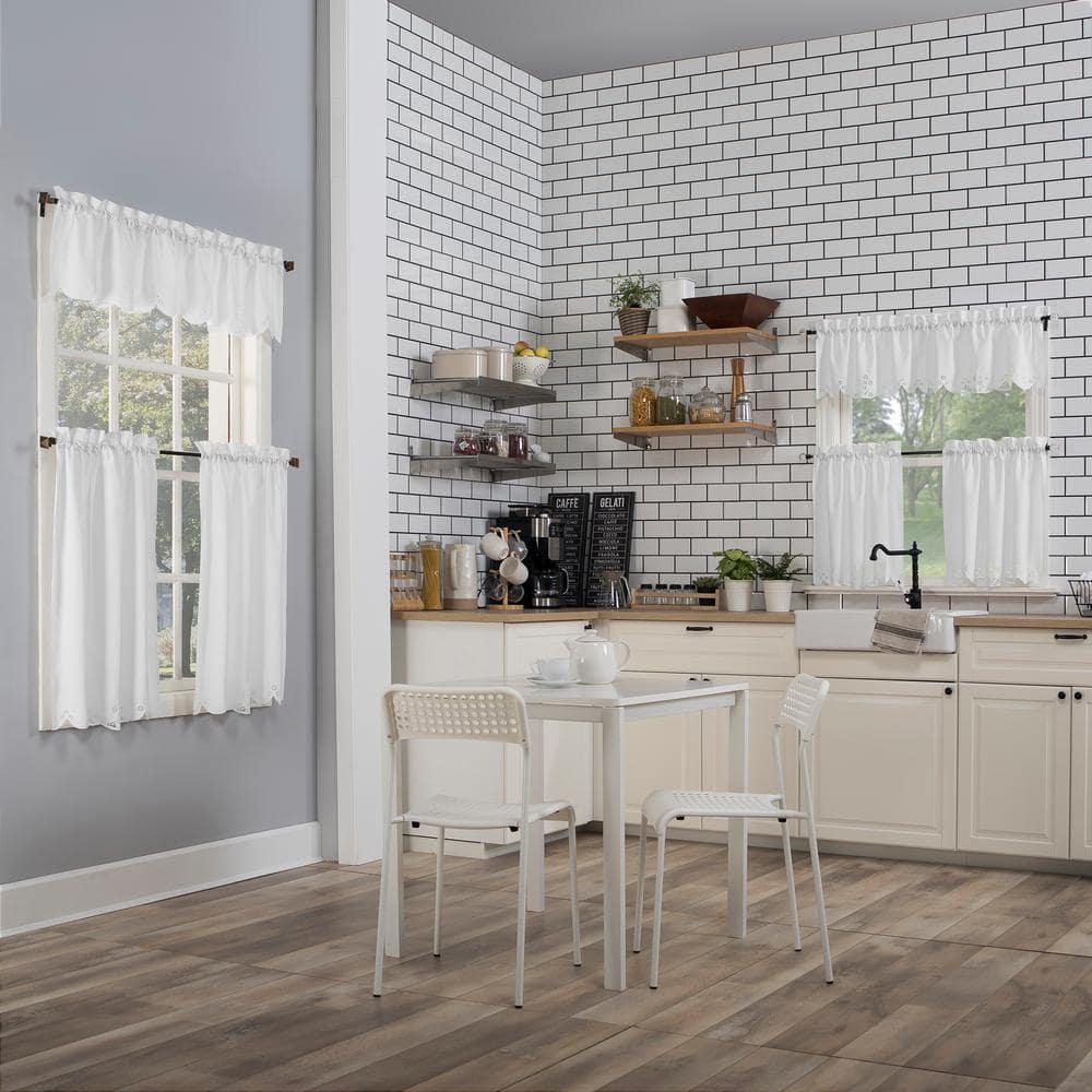 14"x58" Mariela Floral Trim Semi-Sheer Rod Pocket Kitchen Window Valance and Tiers Set White - No. 918: Light Filtering Kitchen Curtains Set