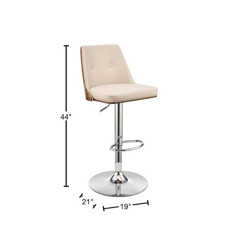 Jacob Adjustable and Swivel Cream Faux Leather and Walnut Wood Bar Stool with Chrome Base
