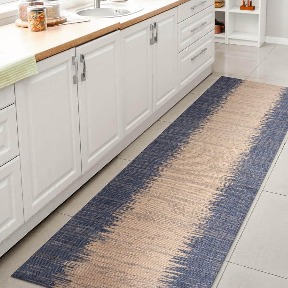 2' x 8' Tavira Modern Strie' Indoor/Outdoor Runner Rug, Blue/Beige - JONATHAN Y