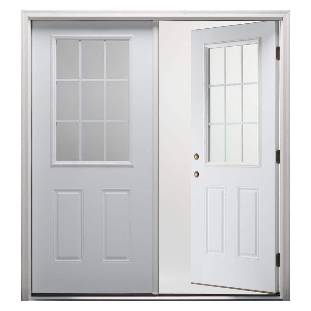 60 in. x 80 in. White Internal Grilles Right-Hand Inswing 1/2-Lite Clear Glass 2-Panel Primed Steel Prehung Front Door
