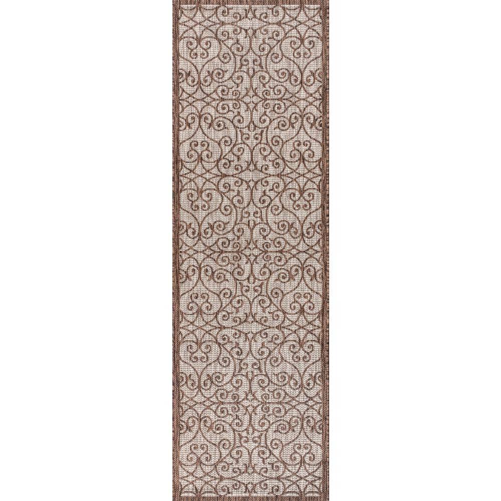 2'x8' Madrid Vintage Filigree Textured Weave Indoor/Outdoor Runner Rug, Taupe/Espresso - JONATHAN Y