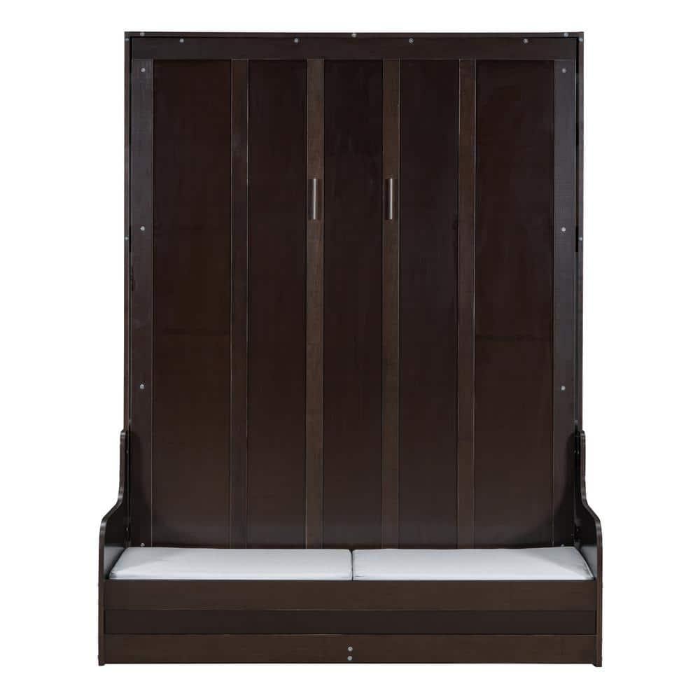 Harper & Bright Designs Queen Size Murphy Bed Chest with Upholstered Headboard, Espresso Wood Wall Bed Cabinet with Cushion Seat, Foldable for Guest Room Home Office