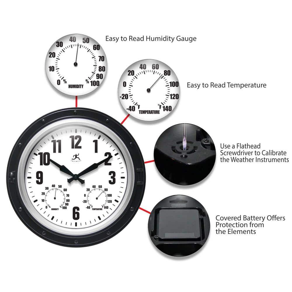 16" Forecaster Wall Clock Silver - Infinity Instruments: Modern Analog, Outdoor Use, Thermometer Feature