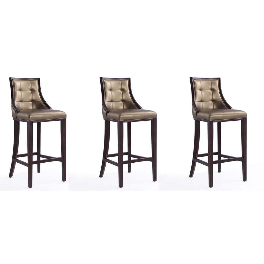 Set of 3 Fifth Avenue Upholstered Beech Wood Faux Leather Barstools Bronze - Manhattan Comfort: Laslo Modern Kitchen Island Seating