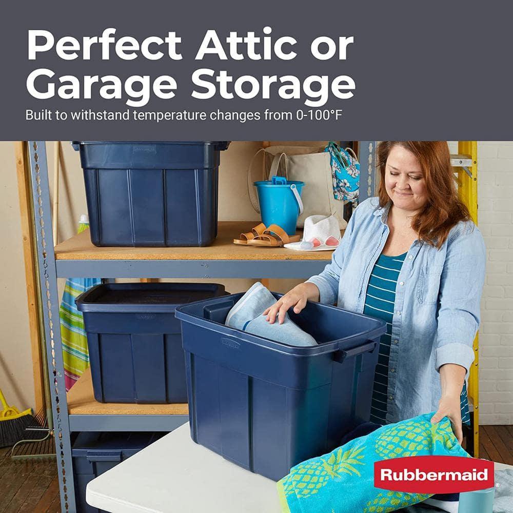 Rubbermaid Roughneck 18 Gallon Rugged Stackable Storage Tote with Lid and Handles for Home Usage, Dark Indigo Metallic, 6 Pack