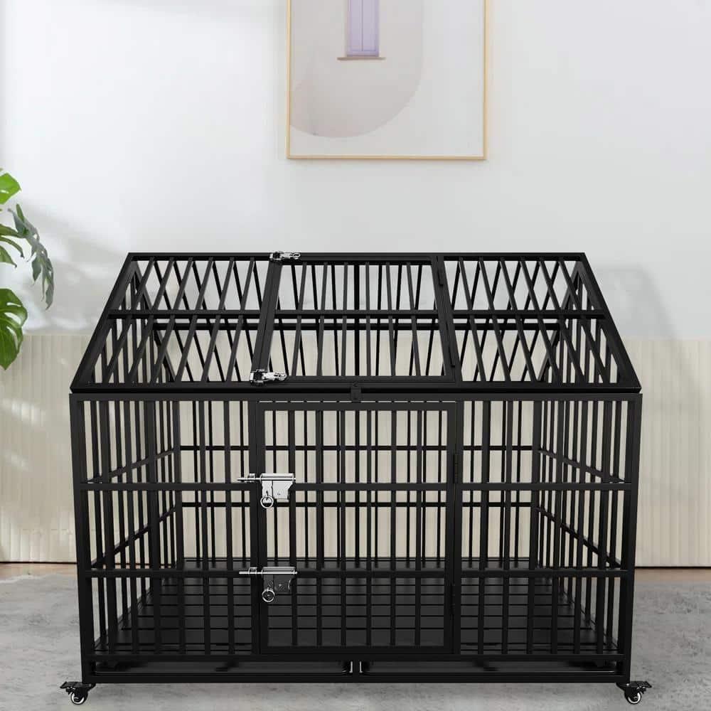 54" Heavy Duty Dog Crate Large Dog cage Strong Metal Dog Kennels and Crates for Large Dogs Top Open with 2 Doors 4 Lockable Wheels 2 Removable Trays