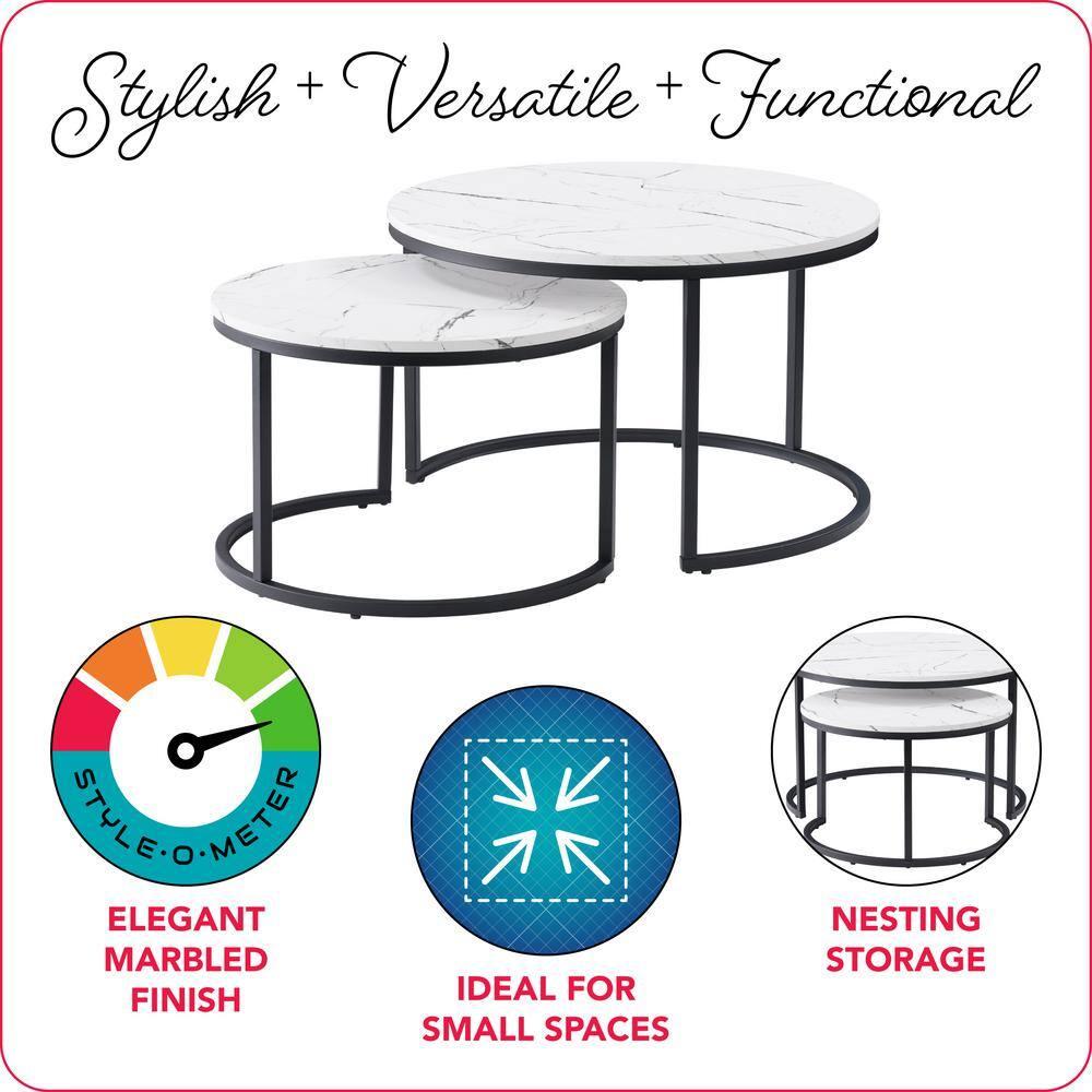 Set of 2 Marbled Finish Forth Worth Round Nesting Coffee Table White - CorLiving: Black Metal Legs, Accent Furniture