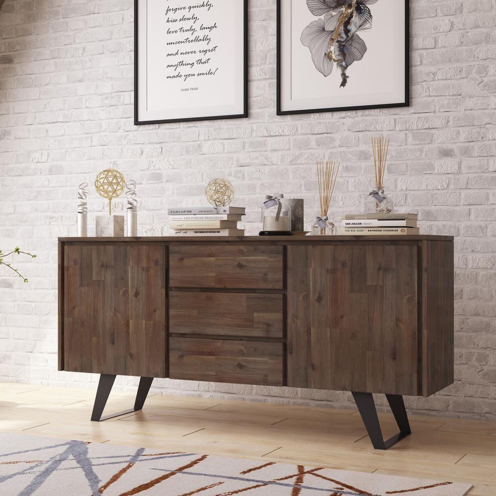 Simpli Home Lowry SOLID ACACIA WOOD and Metal 60 inch x 17 inch Rectangle Modern Industrial Sideboard Buffet in Rustic Natural Aged Brown