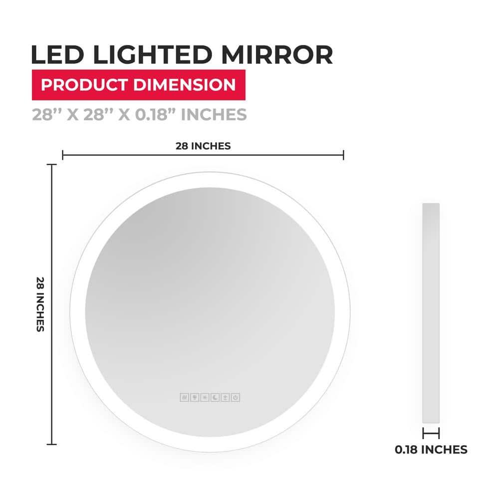 Round Lighted LED Bathroom and Vanity Mirror 28 inch with Anti Fog, Wall Mounted, Dimmer Touch Sensors by Fab Glass and Mirror
