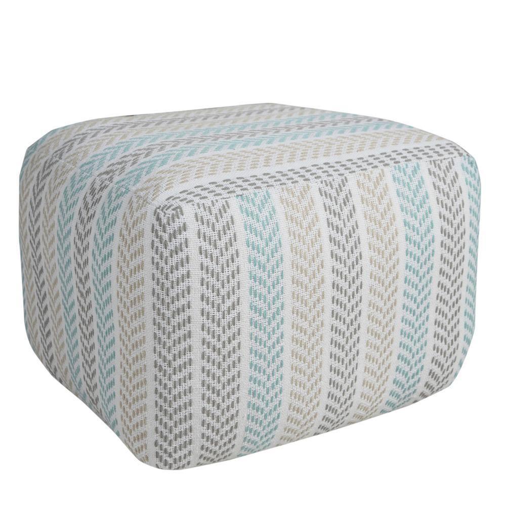 LR Home Small Chevron Indoor Square Pouf, Beige/Turquoise, 18" x 18" x 14"