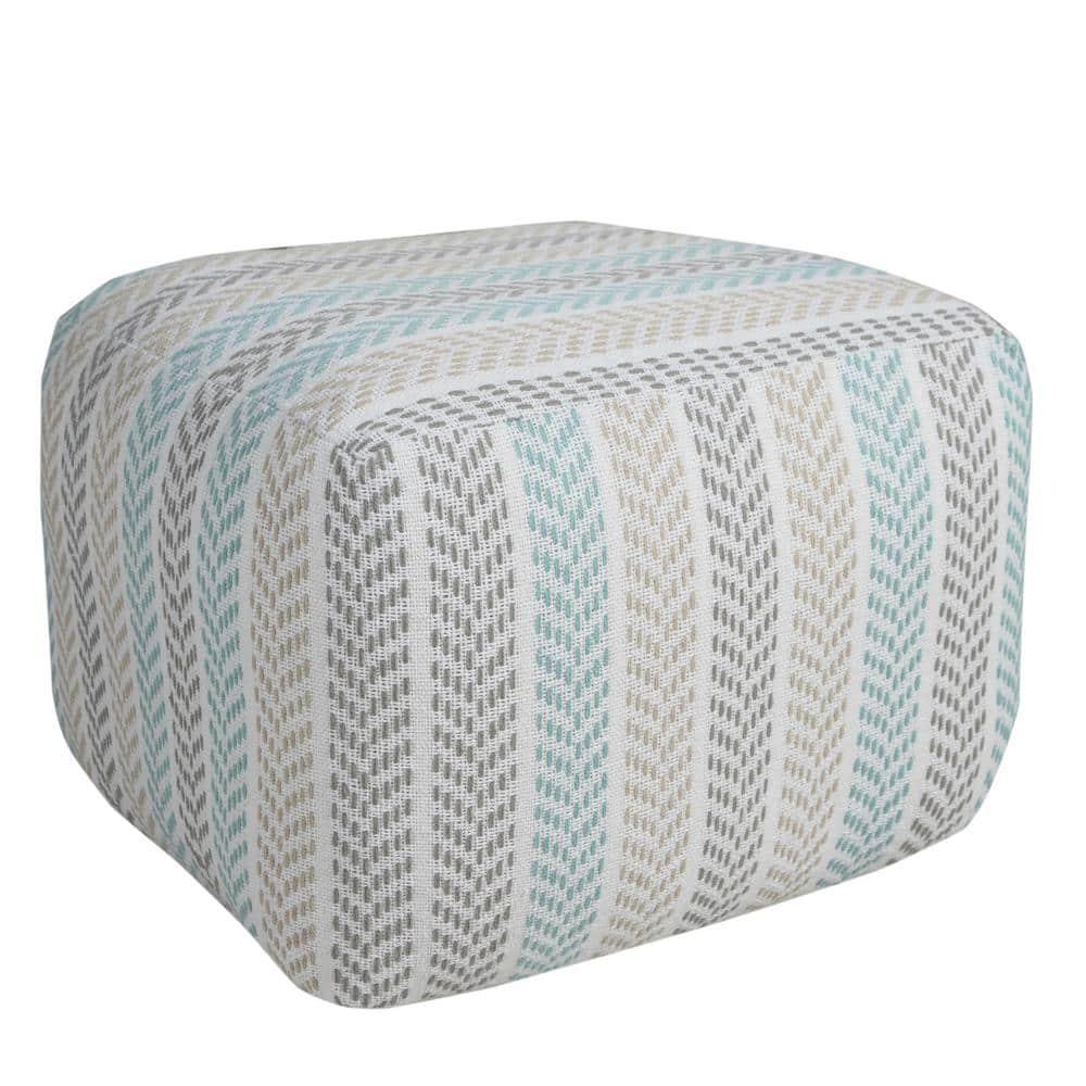 LR Home Small Chevron Indoor Square Pouf, Beige/Turquoise, 18" x 18" x 14"